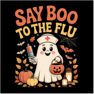 Funny Retro Nurse Ghost Halloween Vaccine Say Boo to The Flu Posters and Art