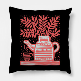 Cozy Coffee Pot Still Life Linocut Pillow