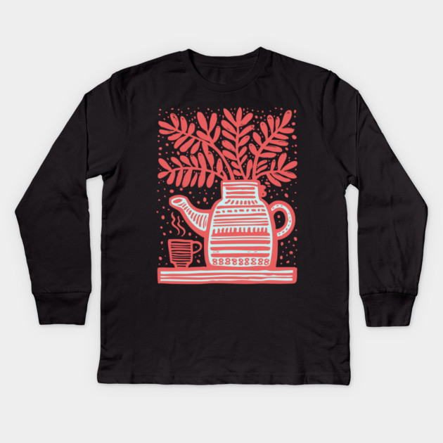 Cozy Coffee Pot Still Life Linocut Kids Long Sleeve T-Shirt by TuncGK