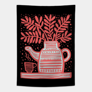 Cozy Coffee Pot Still Life Linocut Tapestry