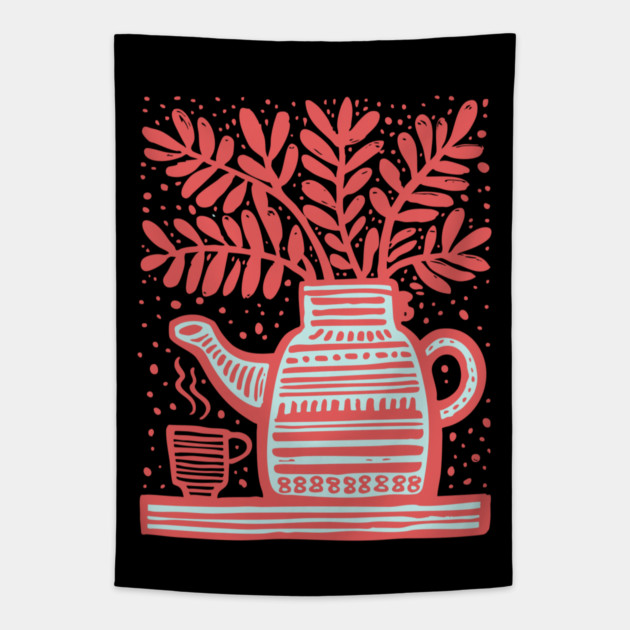 Cozy Coffee Pot Still Life Linocut Tapestry by TuncGK