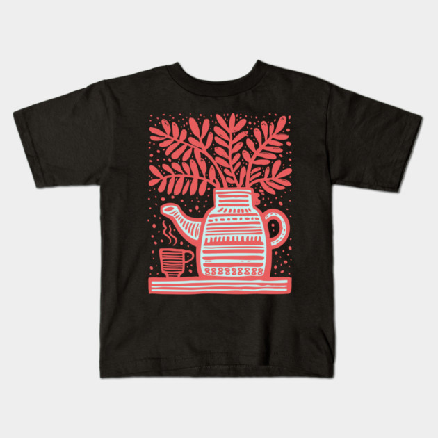 Cozy Coffee Pot Still Life Linocut Kids T-Shirt by TuncGK