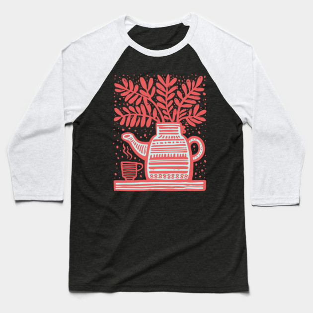 Cozy Coffee Pot Still Life Linocut Baseball T-Shirt by TuncGK