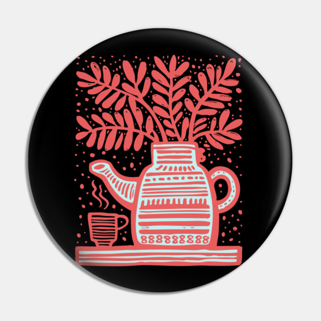 Cozy Coffee Pot Still Life Linocut Pin by TuncGK