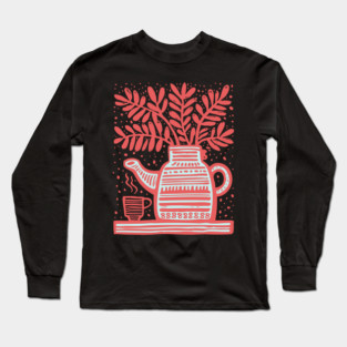 Cozy Coffee Pot Still Life Linocut Long Sleeve T-Shirt