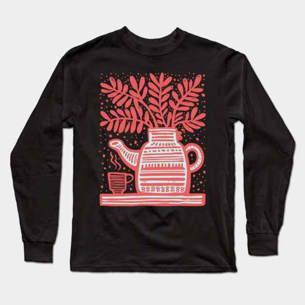 Cozy Coffee Pot Still Life Linocut Long Sleeve T-Shirt by TuncGK