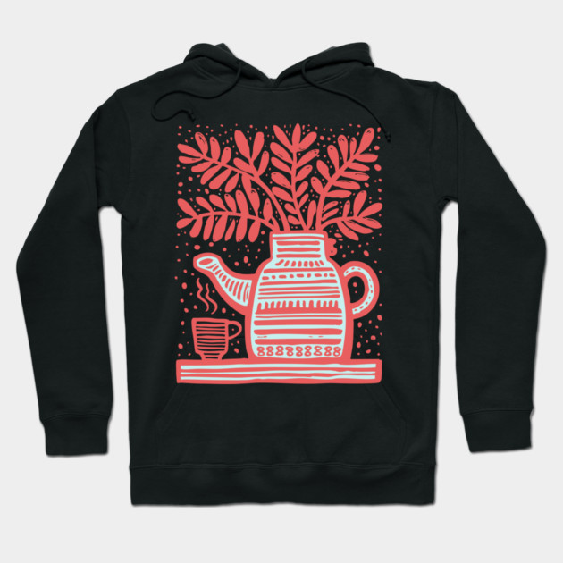 Cozy Coffee Pot Still Life Linocut Hoodie by TuncGK