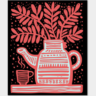 Cozy Coffee Pot Still Life Linocut Posters and Art