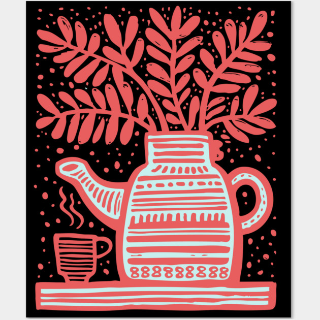 Cozy Coffee Pot Still Life Linocut Wall Art by TuncGK