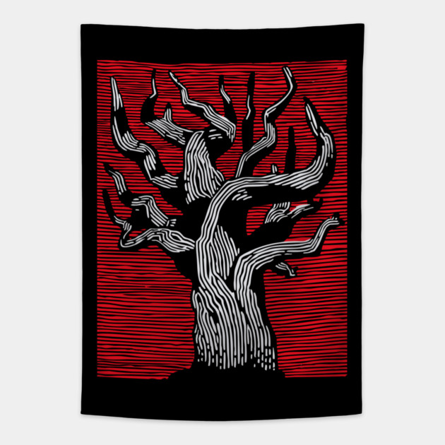 Stark Twisted Tree Graphic Art | Linocut Craft Tapestry by TuncGK