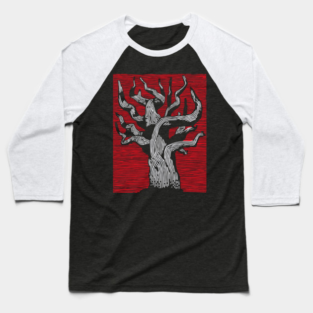 Stark Twisted Tree Graphic Art | Linocut Craft Baseball T-Shirt by TuncGK