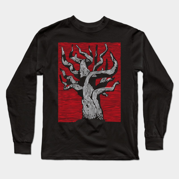 Stark Twisted Tree Graphic Art | Linocut Craft Long Sleeve T-Shirt by TuncGK