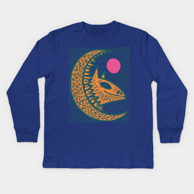 Crescent Moon Bat Linocut Art | Kids Halloween Kids Long Sleeve T-Shirt by TuncGK