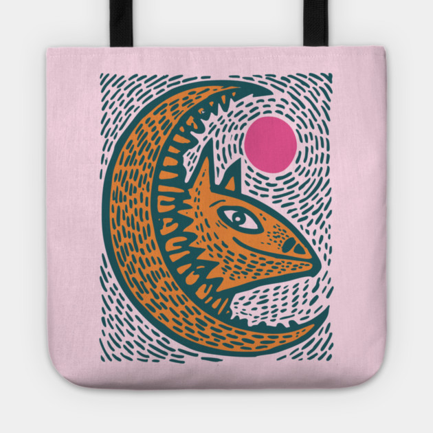 Crescent Moon Bat Linocut Art | Kids Halloween Tote by TuncGK