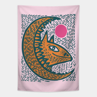 Crescent Moon Bat Linocut Art | Kids Halloween Tapestry