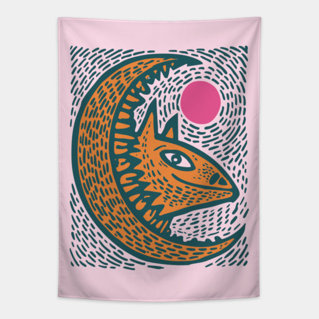 Crescent Moon Bat Linocut Art | Kids Halloween Tapestry by TuncGK