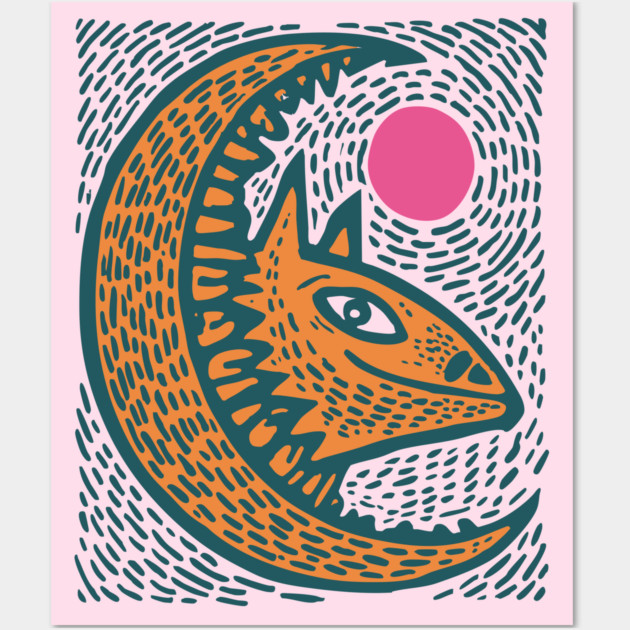 Crescent Moon Bat Linocut Art | Kids Halloween Wall Art by TuncGK