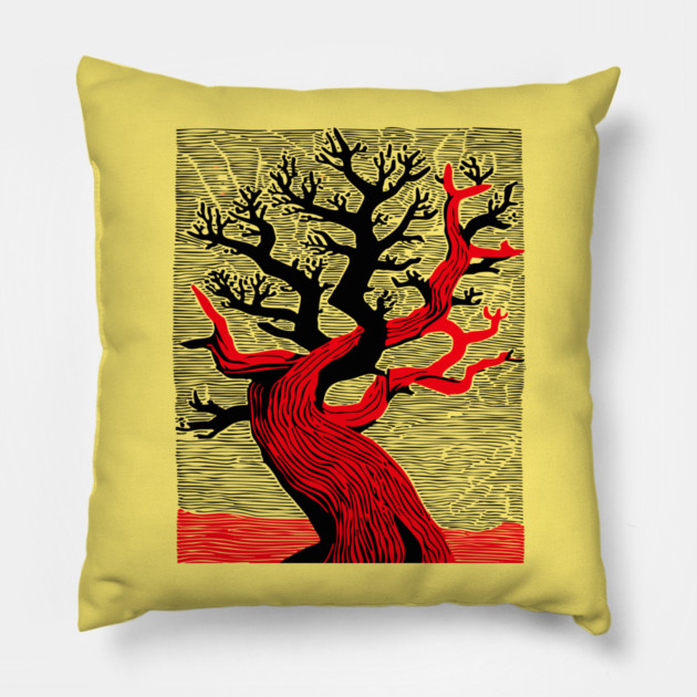 Haunted Forest Spooky Tree Woodcut Pillow by TuncGK