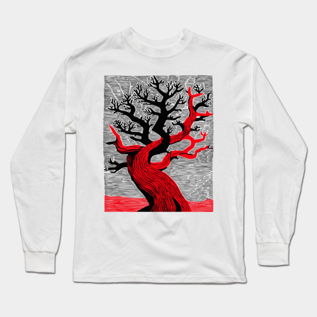 Haunted Forest Spooky Tree Woodcut Long Sleeve T-Shirt by TuncGK