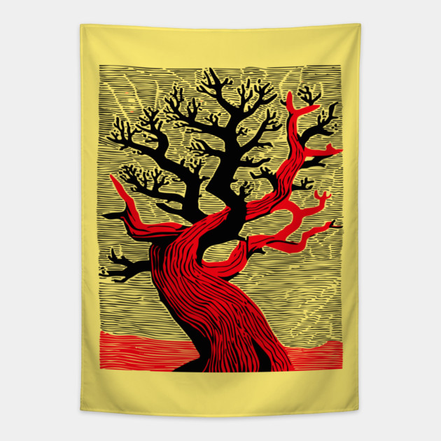 Haunted Forest Spooky Tree Woodcut Tapestry by TuncGK