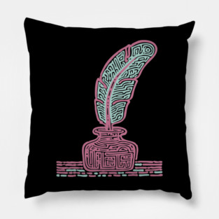 Vintage Quill and Inkwell Woodcut Pillow