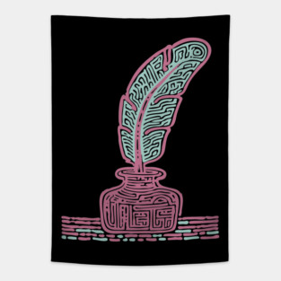 Vintage Quill and Inkwell Woodcut Tapestry