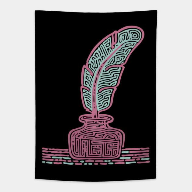 Vintage Quill and Inkwell Woodcut Tapestry by TuncGK