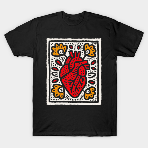 Anatomical Heart Linocut Illustration | Pop Art T-Shirt by TuncGK