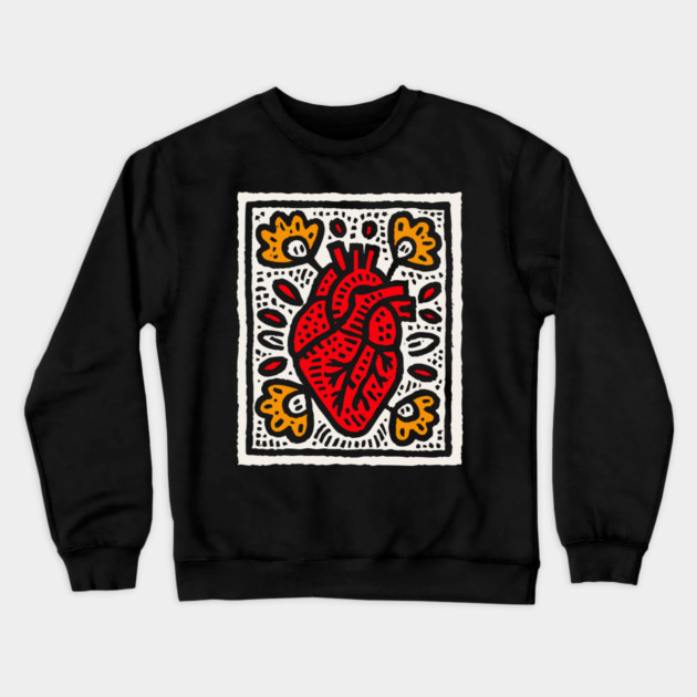 Anatomical Heart Linocut Illustration | Pop Art Crewneck Sweatshirt by TuncGK