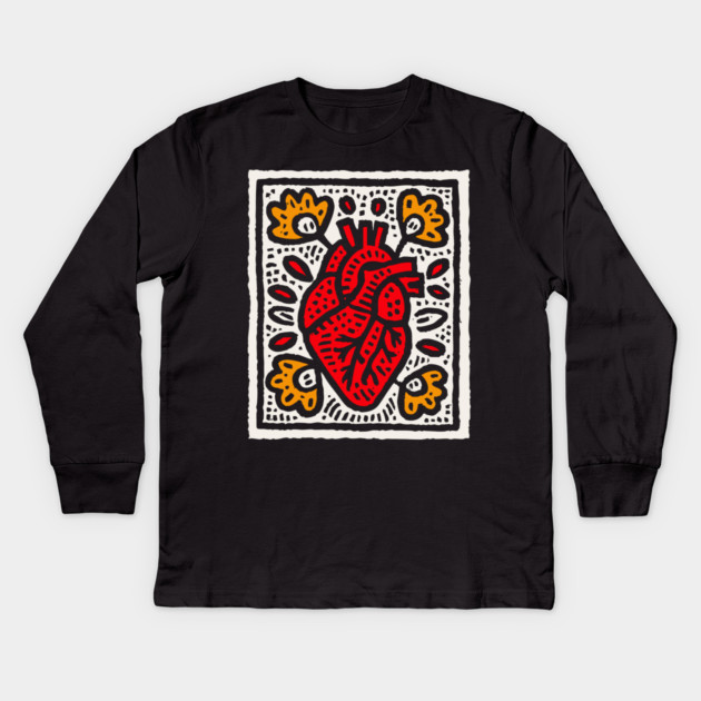 Anatomical Heart Linocut Illustration | Pop Art Kids Long Sleeve T-Shirt by TuncGK