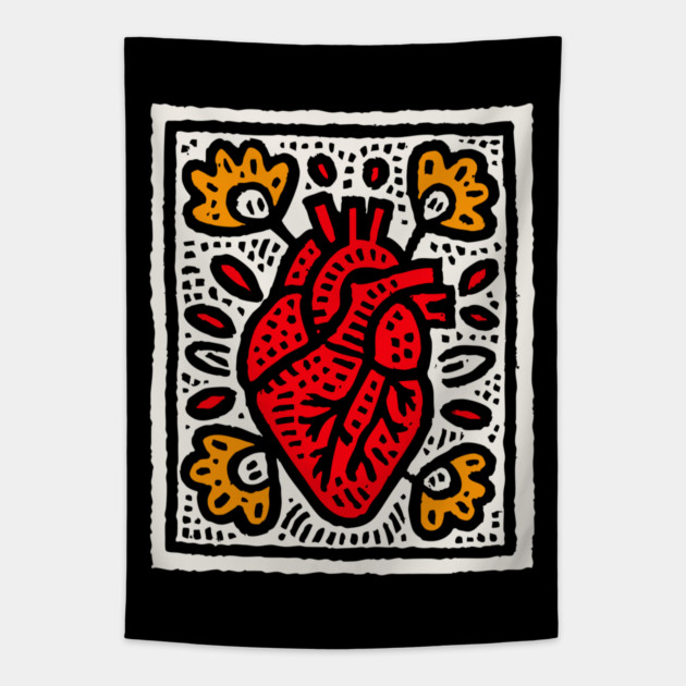 Anatomical Heart Linocut Illustration | Pop Art Tapestry by TuncGK