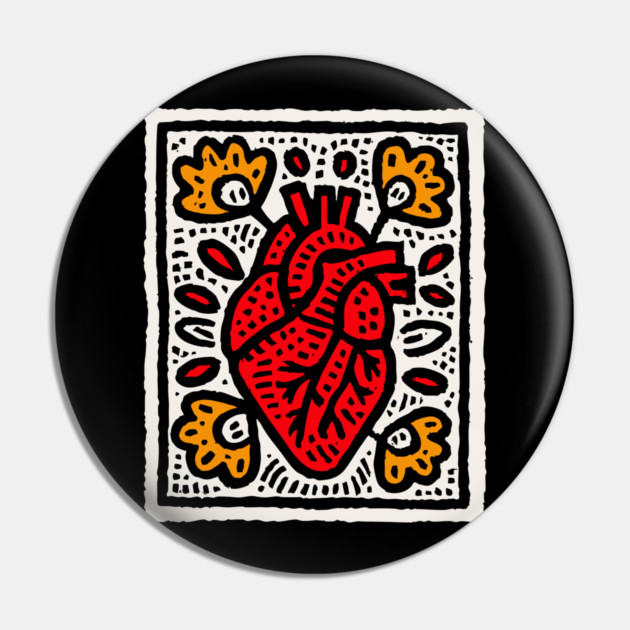 Anatomical Heart Linocut Illustration | Pop Art Pin by TuncGK