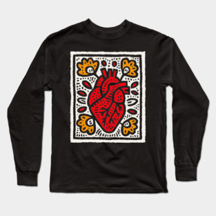 Anatomical Heart Linocut Illustration | Pop Art Long Sleeve T-Shirt