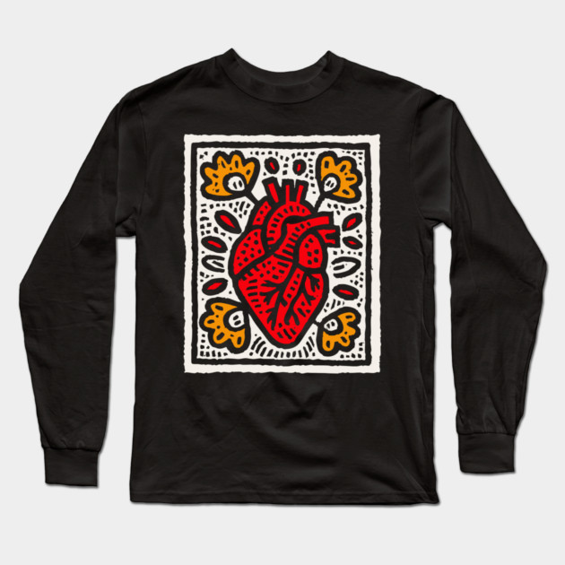 Anatomical Heart Linocut Illustration | Pop Art Long Sleeve T-Shirt by TuncGK