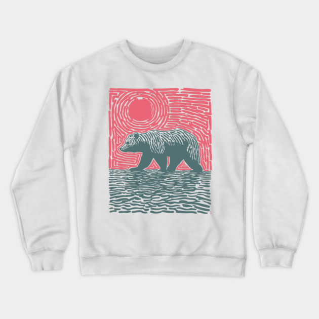 Grizzly Bear Woodblock Nature Art Crewneck Sweatshirt by TuncGK