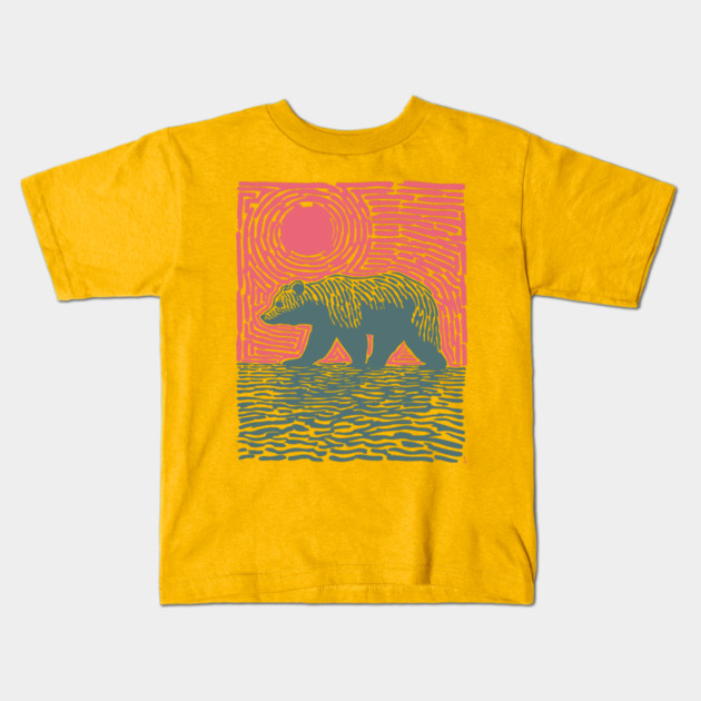 Grizzly Bear Woodblock Nature Art Kids T-Shirt by TuncGK