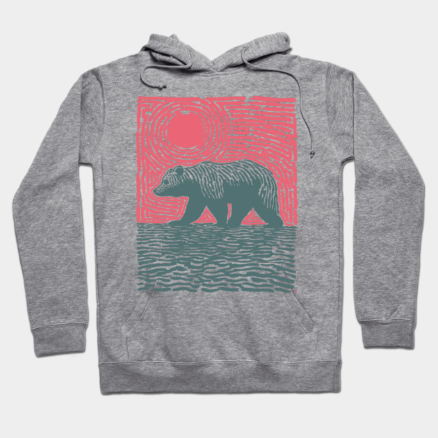 Grizzly Bear Woodblock Nature Art Hoodie by TuncGK