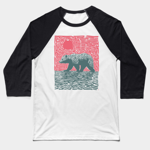 Grizzly Bear Woodblock Nature Art Baseball T-Shirt by TuncGK