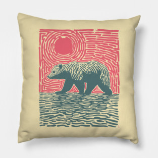 Grizzly Bear Woodblock Nature Art Pillow