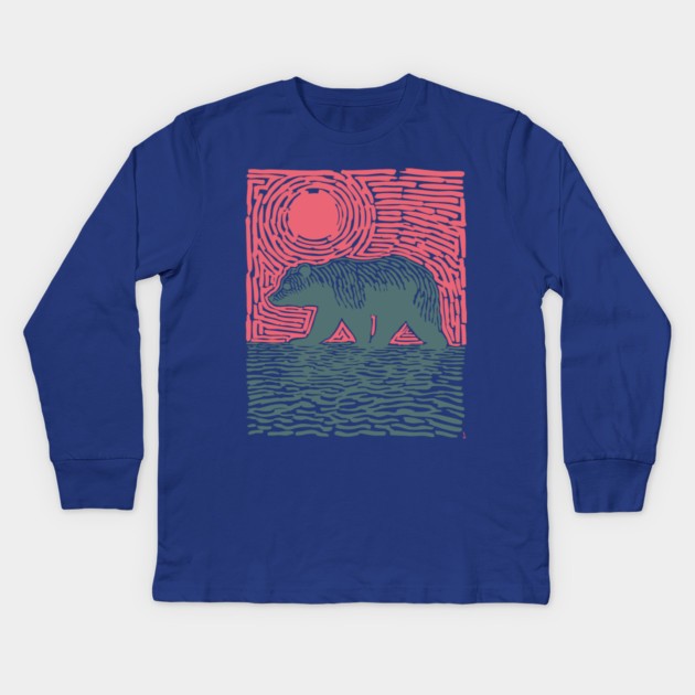 Grizzly Bear Woodblock Nature Art Kids Long Sleeve T-Shirt by TuncGK