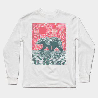 Grizzly Bear Woodblock Nature Art Long Sleeve T-Shirt