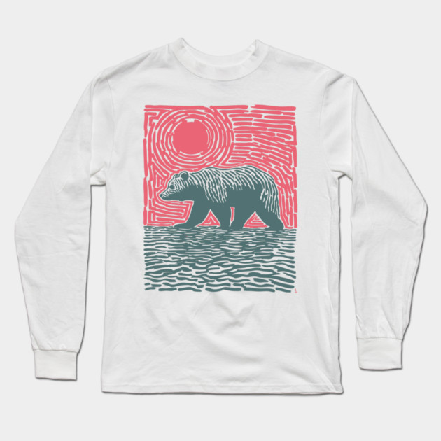 Grizzly Bear Woodblock Nature Art Long Sleeve T-Shirt by TuncGK