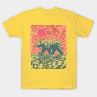Grizzly Bear Woodblock Nature Art T-Shirt