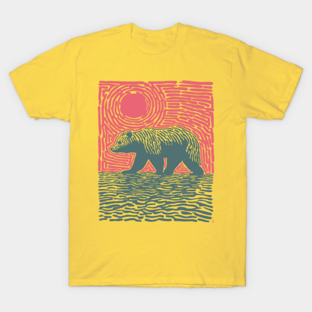 Grizzly Bear Woodblock Nature Art T-Shirt by TuncGK