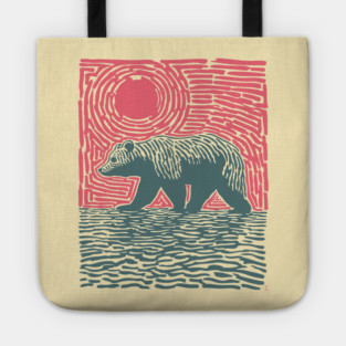 Grizzly Bear Woodblock Nature Art Tote