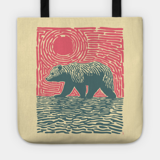 Grizzly Bear Woodblock Nature Art Tote by TuncGK