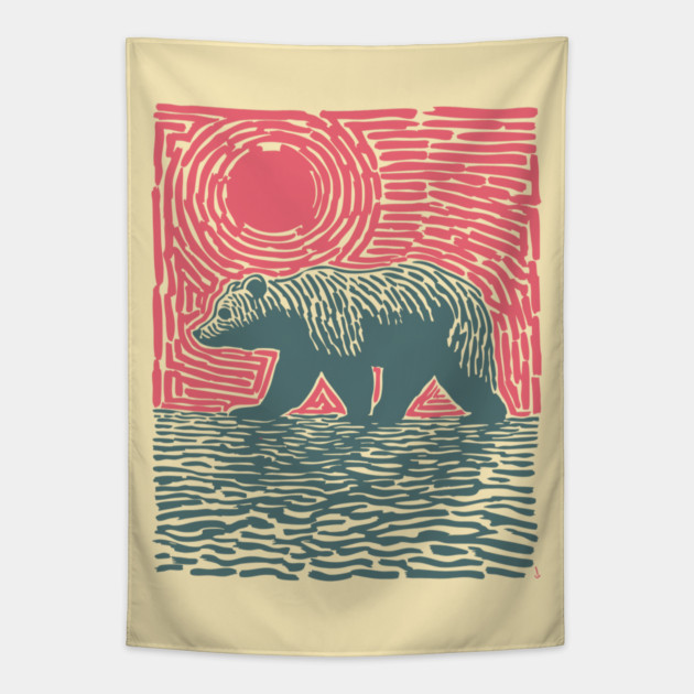 Grizzly Bear Woodblock Nature Art Tapestry by TuncGK