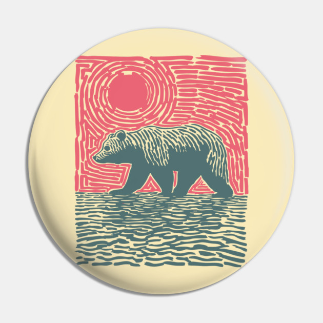Grizzly Bear Woodblock Nature Art Pin by TuncGK