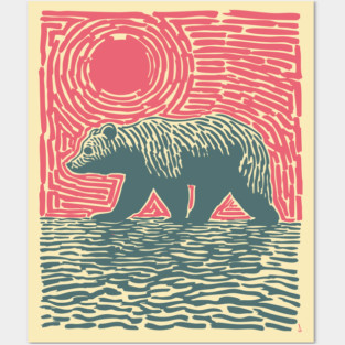 Grizzly Bear Woodblock Nature Art Posters and Art