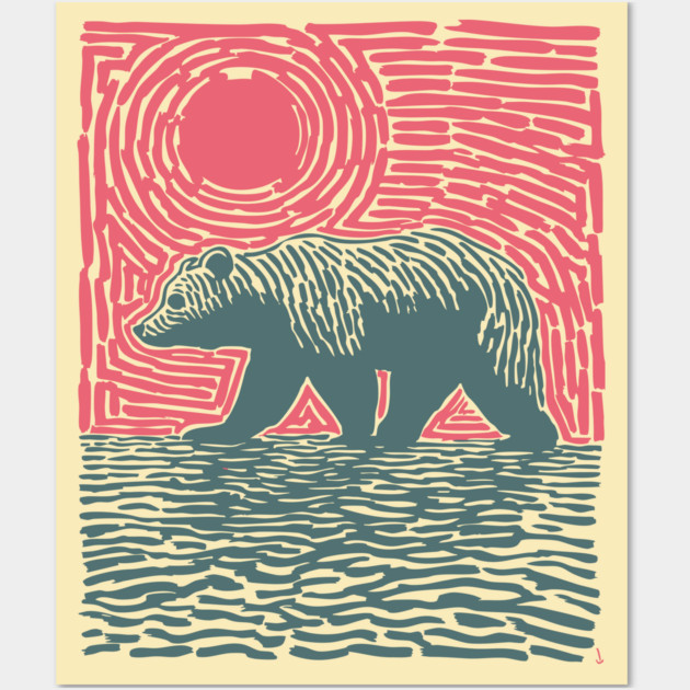 Grizzly Bear Woodblock Nature Art Wall Art by TuncGK